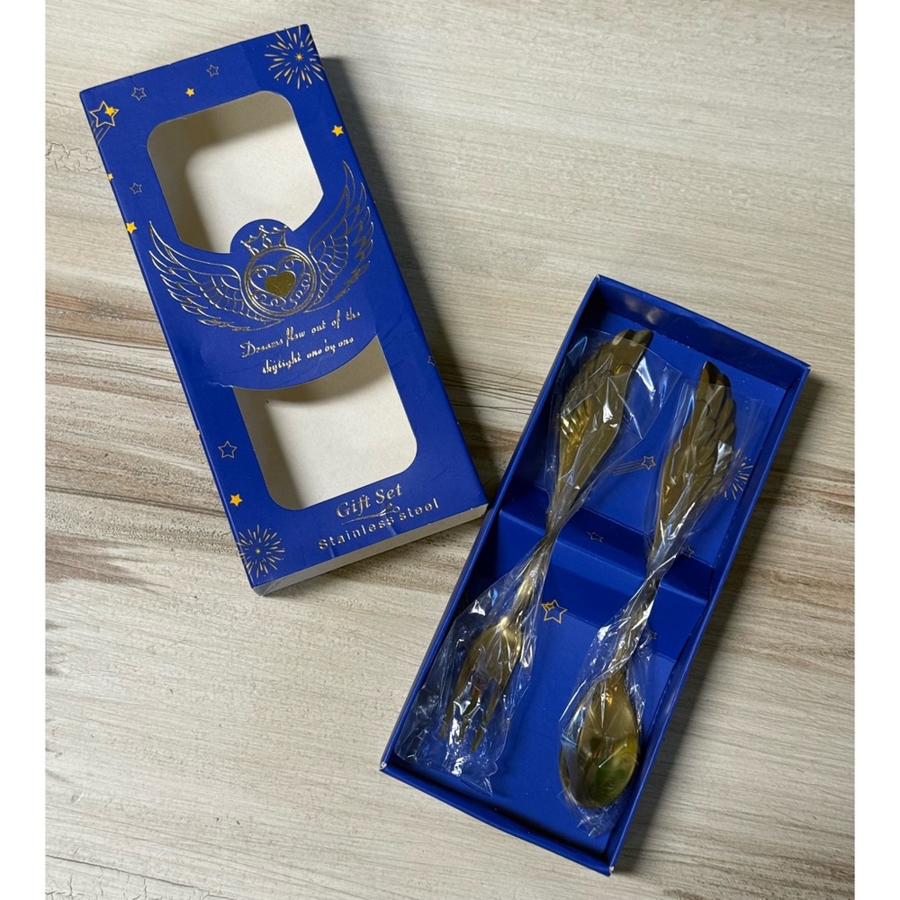NIB Angels Wings Baby Spoon and Fork Gift Set Gold Tone Stainless Steel - Picture 7 of 10